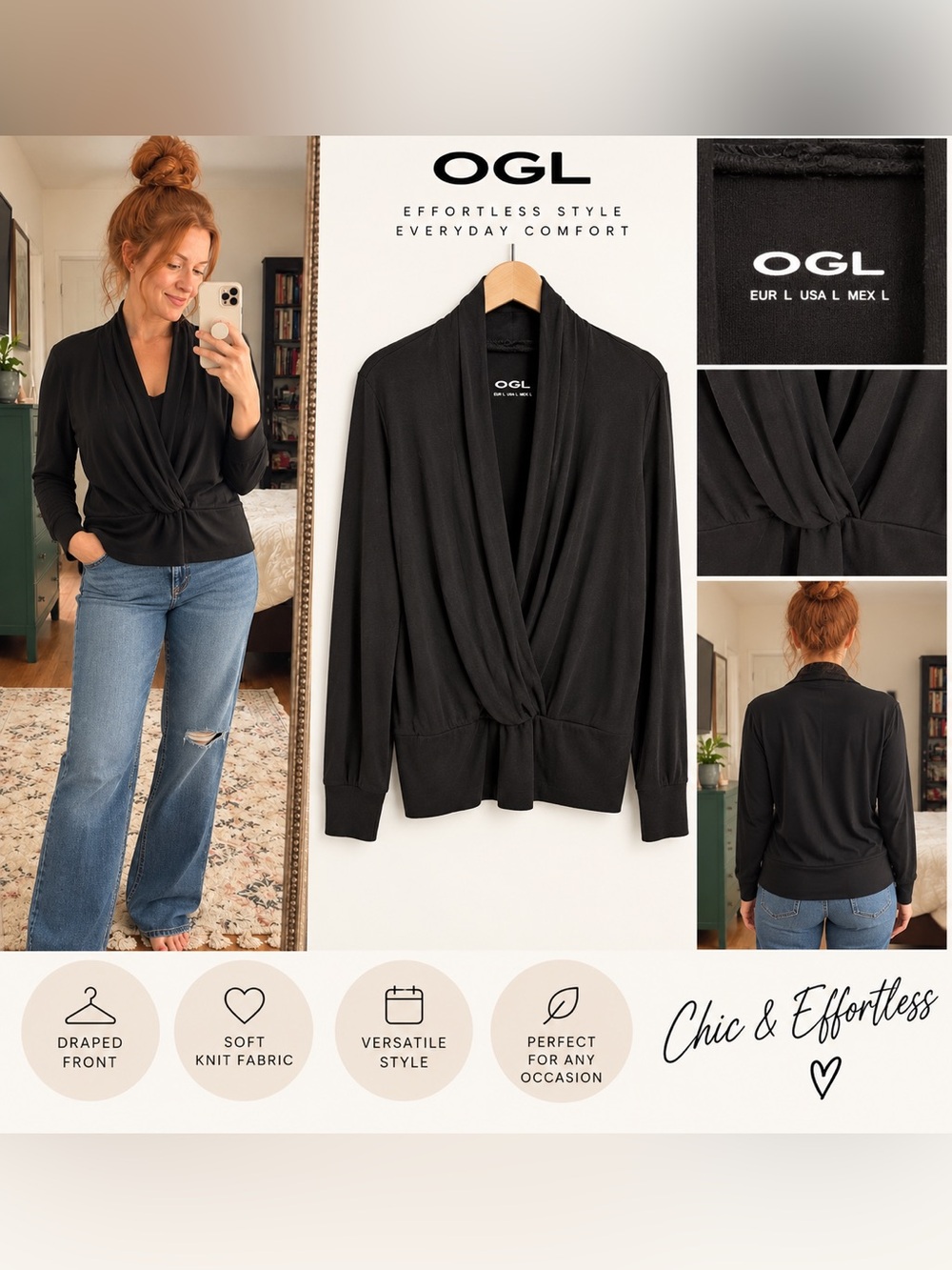 OGL Black Draped Twist-Front Cardigan